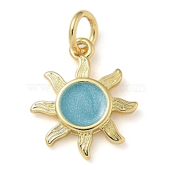 Rack Plating Brass Enamel Charms, with Jump Ring, Long-Lasting Plated, Lead Free & Cadmium Free, Sun Charms, Real 18K Gold Plated, Turquoise, 14.5x12x2mm, Hole: 3mm(KK-K392-50G-04)