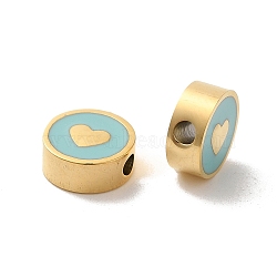 304 Stainless Steel Enamel Beads, Flat Round with Heart, Real 14K Gold Plated, Sky Blue, 8x3mm, Hole: 1.8mm(STAS-L022-096G-02)