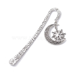 Tibetan Style Alloy Moon & Sun Pendant Bookmarks, Flower Pattern Hook Bookmarks, Antique Silver, 124mm(AJEW-JK00249)