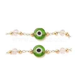 Handmade Evil Eye Lampwork with Glass Handmade Beaded Links Connectors, with Rack Plating Real 18K Gold Plated Brass Findings, Lime Green, 36mm, Hole: 1mm(KK-M266-09G-03)