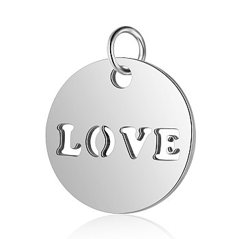 304 Stainless Steel Charms, Flat Round with Word LOVE, Stainless Steel Color, 12x1mm, Hole: 2.5mm