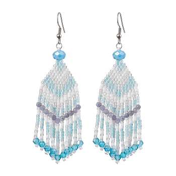 Glass Seed Beaded Tassel Dangle Earrings for Women, Arrow Pattern, Stainless Steel Color, Sky Blue, 90.5x27mm