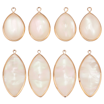 8Pcs 2 Styles Resin Imitation Shell Pendants, with Golden Tone Brass Findings, Seashell Color, Mixed Shapes, 22.5~31.5x14.5~15.5x4~4.5mm, Hole: 1.6~2mm, 4pcs/style