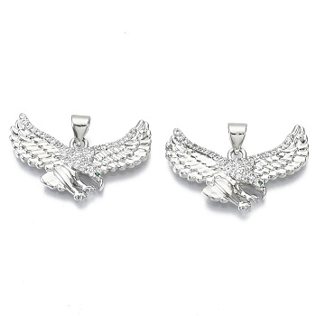 Brass Micro Pave Cubic Zirconia Pendants, Nickel Free, Eagle, Clear, Real Platinum Plated, 17x27x3mm, Hole: 4x3mm