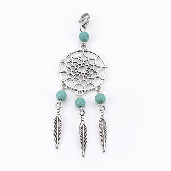 Dyed Synthetic Turquoise Big Pendants, with Tibetan Style Alloy Findings and 304 Stainless Steel Lobster Claw Clasps, Woven Net/Web with Feather, Antique Silver & Stainless Steel Color, Deep Sky Blue, 90mm, Pendant: 80x29x6mm
