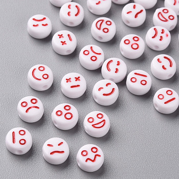White Opaque Acrylic Beads, Flat Round with Expression, FireBrick, 7x4mm, Hole: 1.6mm, about 3650pcs/500g
