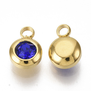Rhinestone Charms, September Birthstone Charms, with 201 Stainless Steel, Flat Round, Golden, Sapphire, 9x6.5x4mm, Hole: 1.8mm