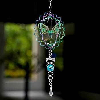 Metal 3D Wind Spinner, with Glass Beads, for Outdoor Courtyard Garden Hanging Decoration, Rainbow Color, Butterfly, 150mm