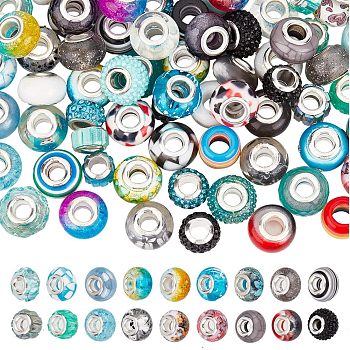 108Pcs 2 Colors Acrylic & Resin & Polymer Clay Rhinestone European Beads, Large Hole Beads, with Silver Color Core, Rondelle, Mixed Color, 13.5~14x8~10mm, Hole: 5mm, 54pcs/color