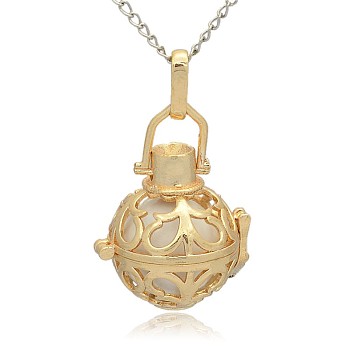 Golden Tone Brass Hollow Round Cage Pendants, with No Hole Spray Painted Brass Round Beads, White, 33x24x21mm, Hole: 3x8mm