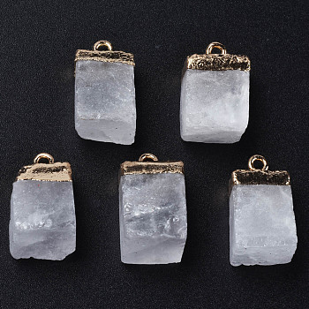 Natural Quartz Crystal Pendants, Rock Crystal Pendants, with Golden Brass Findings, Rack Plating, Cube, 18~21x9~12x9~13mm, Hole: 1.6mm
