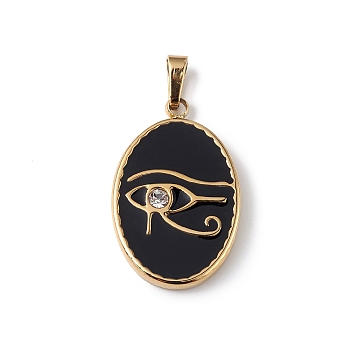 Ion Plating(IP) 304 Stainless Steel with Crystal Rhinestone Pendant with Black Enamel Pendants, Oval with Eye of Ra/Re Charms, Golden, 20.5x13x2.5mm, Hole: 3x4.5mm