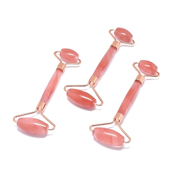 Cherry Quartz Glass Massage Tools, Facial Rollers, with Brass Findings, for Face, Eyes, Neck, Body Muscle Relaxing, Rose Gold, 137x39~59mm
