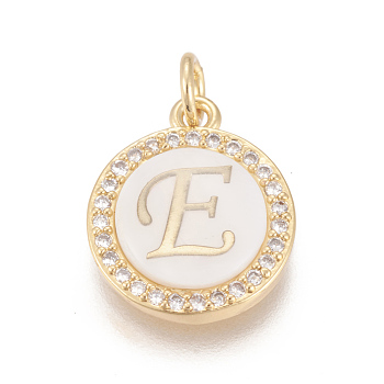 Brass Micro Pave Cubic Zirconia Pendants, with Shell, Long-Lasting Plated, Lead Free & Cadmium Free & Nickel Free, Real 18K Gold Plated, Flat Round with Letter, Clear, Letter.E, 16x13.5x3mm, Hole: 3mm