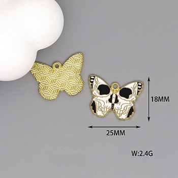 Alloy Enamel Pendants, Golden, Butterfly with Skull Charm, Black, 18x25mm
