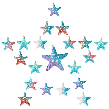 Resin Pendants, with Platinum Iron Loops, Gradient Color, Starfish, Colorful, 38x36x12mm, Hole: 2mm, 20pcs