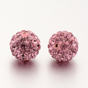 Polymer Clay Rhinestone Beads, Pave Disco Ball Beads, Grade A, Round, Half Drilled, Light Rose, 10mm, Hole: 1mm