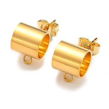 201 Stainless Steel Stud Earring Findings, with 304 Stainless Steel Pin & Horizontal Loops & Friction Ear Nuts, Column Tube, Real 24K Gold Plated, 10.8x8x8mm, Hole: 1.6mm, Inner Diameter: 6.8mm, Pin: 0.8mm