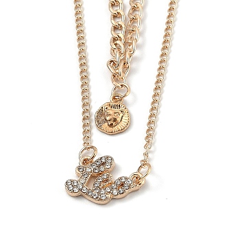 Alloy Double Layered Necklaces, Pendant Necklaces, with Glass Rhinestone, Constellation/Zodiac Sign, Golden, Leo, Word: 19x12.5x2.5mm, 16.14 inch(41cm)