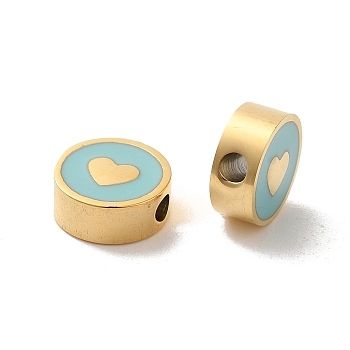 304 Stainless Steel Enamel Beads, Flat Round with Heart, Real 14K Gold Plated, Sky Blue, 8x3mm, Hole: 1.8mm