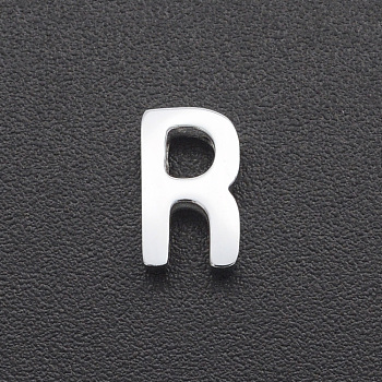 201 Stainless Steel Charms, for Simple Necklaces Making, Laser Cut, Letter, Stainless Steel Color, Letter.R, 8x4.5x3mm, Hole: 1.8mm