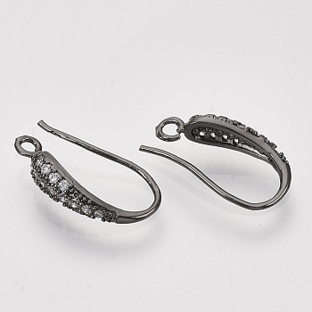 Electrophoresis Brass Micro Pave Cubic Zirconia Earring Hooks, with Horizontal Loop, Clear, Black, 19~20x10~11x4mm, Hole: 2mm, 21 Gauge, Pin: 0.7mm