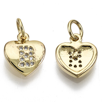Brass Micro Pave Clear Cubic Zirconia Charms, with Jump Ring, Heart with Letter, Real 16K Gold Plated, Nickel Free, Letter.B, 10x9x2mm, Jump Ring: 5x1mm, 3mm inner diameter