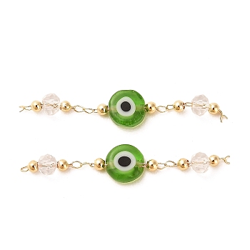 Handmade Evil Eye Lampwork with Glass Handmade Beaded Links Connectors, with Rack Plating Real 18K Gold Plated Brass Findings, Lime Green, 36mm, Hole: 1mm