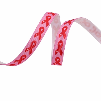 4.5M Printed Polyester Pink Ribbon Grosgrain Ribbon, for Gift Wrapping, Party Decorations, Flat, Hot Pink, 3/8 inch(10mm), about 4.92 Yards(4.5m)/Roll