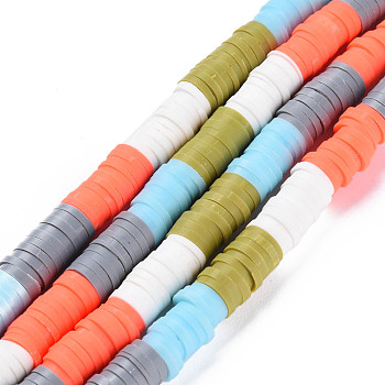 Fixed 5 Color Handmade Polymer Clay Bead Strands, Heishi Beads, Disc/Flat Round, White & Gray & Olive & Coral & Light Sky Blue, 6x0.3~1.5mm, Hole: 1.6~1.8mm, about 265~354pcs/strand, 12.76 inch~15.67 inch(32.4cm~39.8cm)