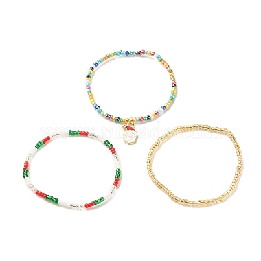 3Pcs 3 Style Glass Seed Stretch Bracelets Set with Alloy Santa Claus for Women(BJEW-JB08204)-4