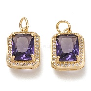 Brass Glass Charms, with Micro Pave Clear Cubic Zirconia and Jump Ring, Rectangle, Real 18K Gold Plated, Indigo, 14.5x10.5x5mm, Hole: 3.4mm(X-ZIRC-F116-09B-G)