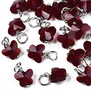 Faceted Transparent Glass Charms, with Iron Jump Ring, Butterfly, Dark Red, 13~14x9.8x6mm, Hole: 4mm(GLAA-T024-06H)