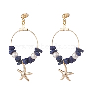 Natural Lapis Lazuli Chip Beads Dangle Stud Earrings, Rround Shell Pearl Beaded Ring with Starfish Long Drop Earrings for Women, Golden, 60mm, Pin: 0.7mm, Beads: 7~12x5~10.5x2~6mm, Star: 17.5x15x2mm(EJEW-TA00035-04)