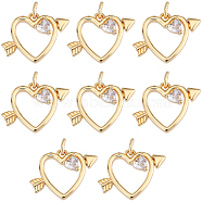Brass Cubic Zirconia Pendant, with Jump Rings, Long-Lasting Plated, Lead Free & Cadmium Free, Heart, Real 18K Gold Plated, 15x20x4mm, Hole: 3.4mm, 8pcs/box(KK-BBC0009-88)