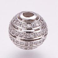 Brass Micro Pave Cubic Zirconia Beads, Round, Platinum, 10x9mm, Hole: 2.5mm(ZIRC-E119-01P)