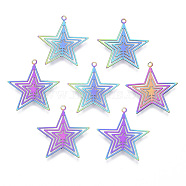Ion Plating(IP) 201 Stainless Steel Filigree Pendants, Etched Metal Embellishments, Star, Rainbow Color, 23x22x0.4mm, Hole: 1.2mm(STAS-T057-02)