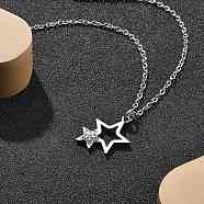 304 Stainless Steel Crystal Rhinestone Double Star Pendant Cable Chain Necklaces, Stainless Steel Color, 17.52 inch(44.5cm)(NJEW-Z056-02A-P)