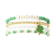 4Pcs 4 Style Word Lucky Acrylic & Glass Seed & Brass Beaded Stretch Bracelets Set, Clover Alloy Enamel Charm Stackable Bracelets for Saint Patrick's Day, Lime Green, Inner Diameter: 2-1/8~2-3/8 inch(5.5~6cm), 1Pc/style(BJEW-TA00312)