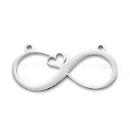 304 Stainless Steel Pendants, Laser Cut, Infinity with Heart, Stainless Steel Color, 17x37x1.4mm, Hole: 1.6mm(STAS-P280-15P)