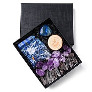 Natural Lapis Lazuli & Quartz Crystal & Amethyst Bullet & Heart & Nugget & Chips Gift Box, Display Decorations, Pocket Worry Stone, Reiki Energy Stone Ornament, with Wood Slice, Package Size: 135x110x30mm(WG94197-12)