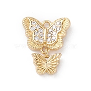 Rack Plating Brass Micro Pave Clear Cubic Zirconia Charms, Double Butterfly Charms, Long-Lasting Plated, Cadmium Free & Lead Free, Real 18K Gold Plated, 15x12.5x2.5mm, Hole: 1.4mm(KK-L155-56G)