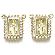 Brass Micro Pave Cubic Zirconia Pendants, Nickel Free, Rectangle with Virgin Mary, Clear, Real 18K Gold Plated, 16x14x2.5mm, Hole: 1.2mm(ZIRC-S061-197G-NF)