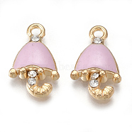 Alloy Pendants, Cadmium Free & Lead Free, with Enamel and Rhinestone, Umbrella, Light Gold, Crystal, Pearl Pink, 17x10x3mm, Hole: 1.5mm(ENAM-S115-047A)