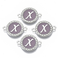 Alloy Enamel Links Connectors, with Crystal Rhinestones, Flat Round with Letter, Silver Color Plated, Letter.X, 22x16x2mm, Hole: 1.8mm(ENAM-TAC0003-01S-01X)