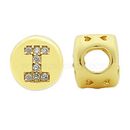 Brass Micro Pave Clear Cubic Zirconia Beads, Flat Round with Letter, Letter.I, 7.5x6.5mm, Hole: 3.5mm, 3pcs/bag(KK-T030-LA843-IX3)