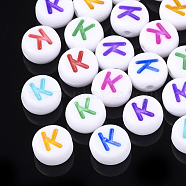 Initial Acrylic Beads, Horizontal Hole, Flat Round, Mixed Color, Letter.K, 7x3.5~4mm, Hole: 1.2mm, about 3700pcs/500g(OACR-E001-20K)