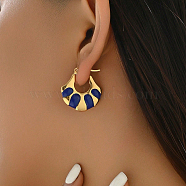 Fashionable Delicate Simple Color Block Fan-shaped Stainless Steel Hoop Earrings for Women, with Enamel, Golden, Blue, 27x25mm(LW7077-3)