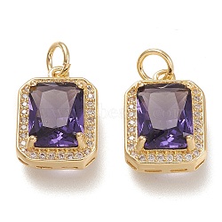 Brass Glass Charms, with Micro Pave Clear Cubic Zirconia and Jump Ring, Rectangle, Real 18K Gold Plated, Indigo, 14.5x10.5x5mm, Hole: 3.4mm(X-ZIRC-F116-09B-G)