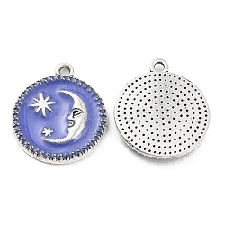 Alloy Enamel Pendants, Platinum, Flat Round with Moon Charm, Royal Blue, 19x16x2.5mm, Hole: 1.2mm(FIND-C032-08B-01P)
